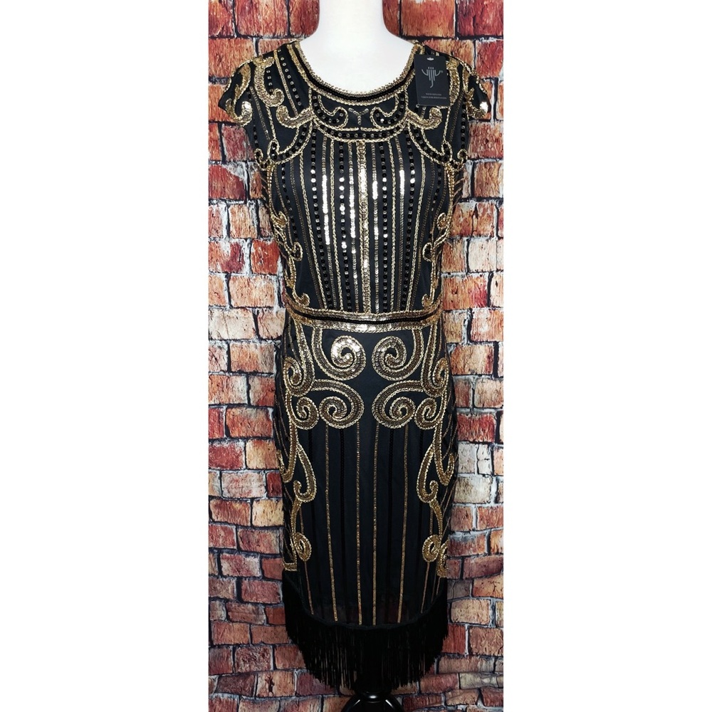 NWT Vision For Innovation Black Gold Sequin Tassel Dance Skirt Performance Dress